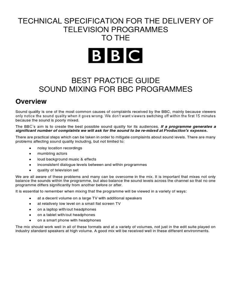 Technical Delivery Standards BBC Audio Mix Guid Lines PDF Sound Bbc