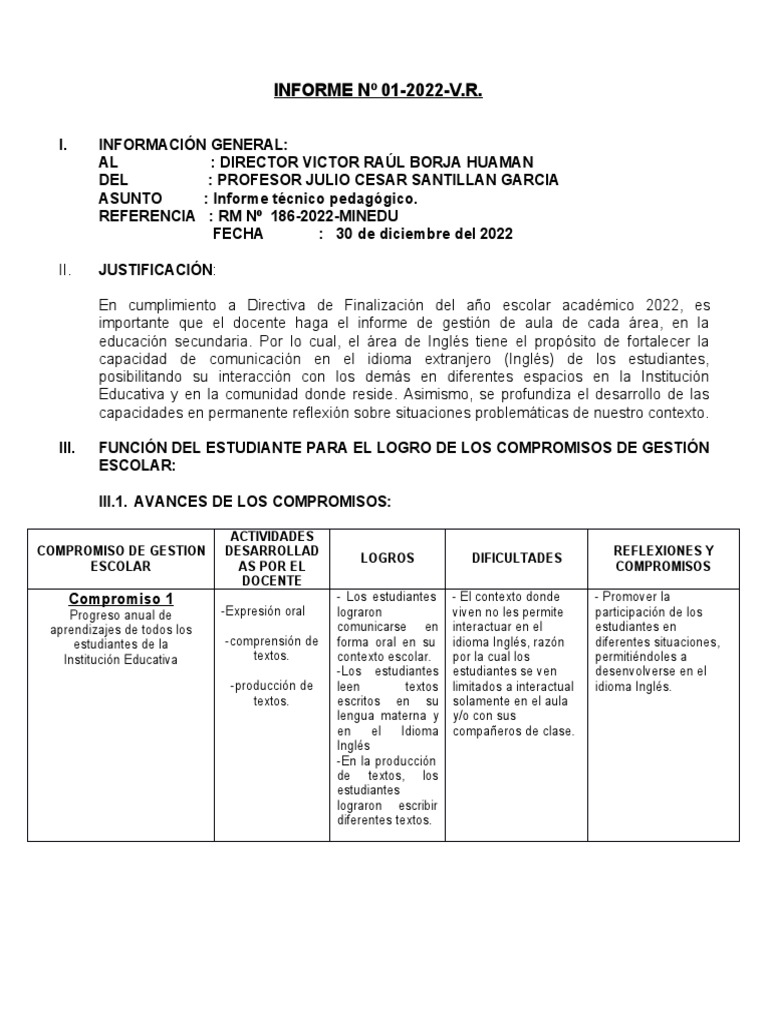 Informe sobre el área de Inglés 2022 | PDF | Salón de clases | Maestros
