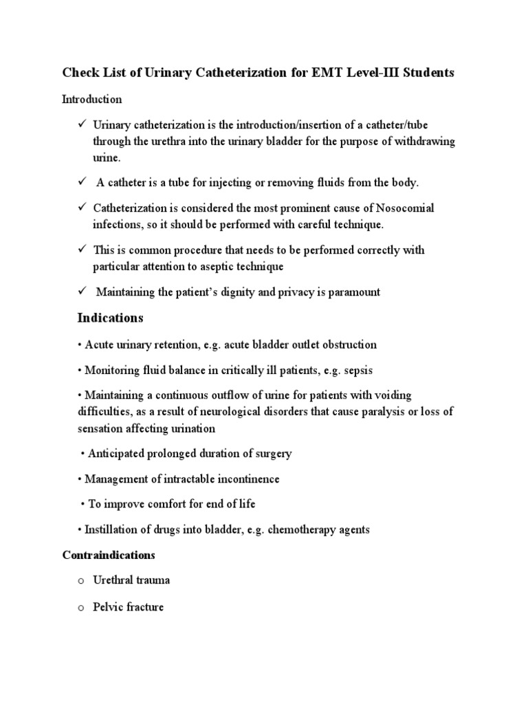 Check List of Urinary Catheterization For EMT Level PDF Urinary