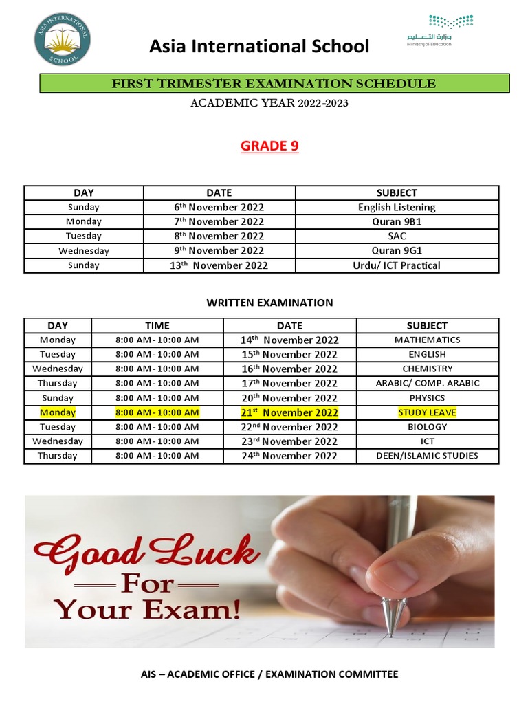 Asia International School releases Grade 9 First Trimester Examination
