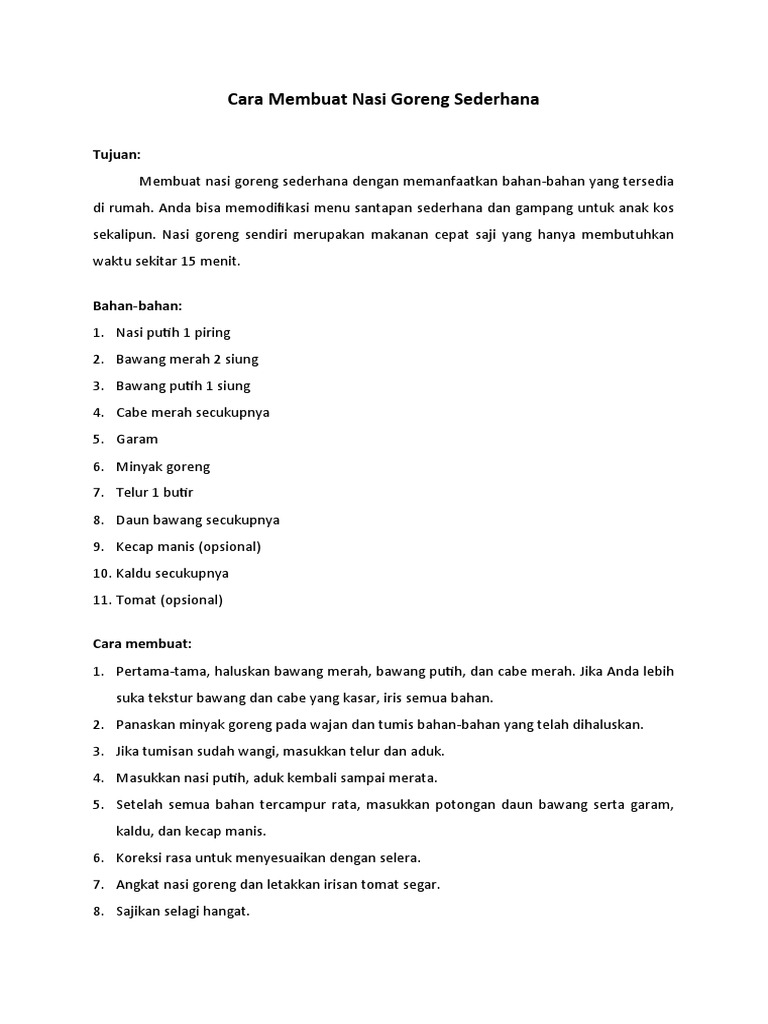 Cara Membuat Nasi Goreng Sederhana | PDF | Memasak, Makanan, & Anggur