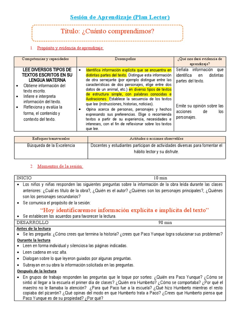 Plan Lector: Estrategias de Comprensión | PDF | Aprendizaje | Información