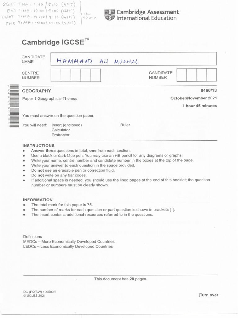 Paper 1 Mock Exam (iGCSE Geography - Hammaad M) | PDF