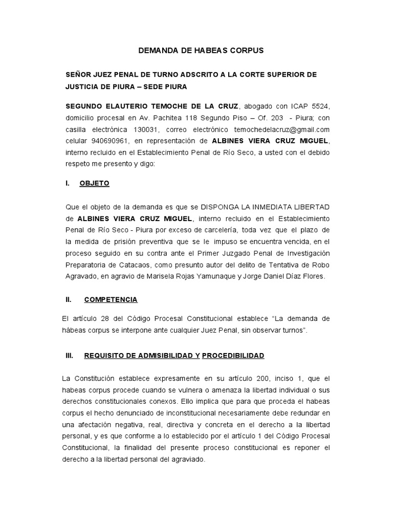 Demanda de Hábeas Corpus en Piura | PDF | Habeas corpus | Demanda judicial