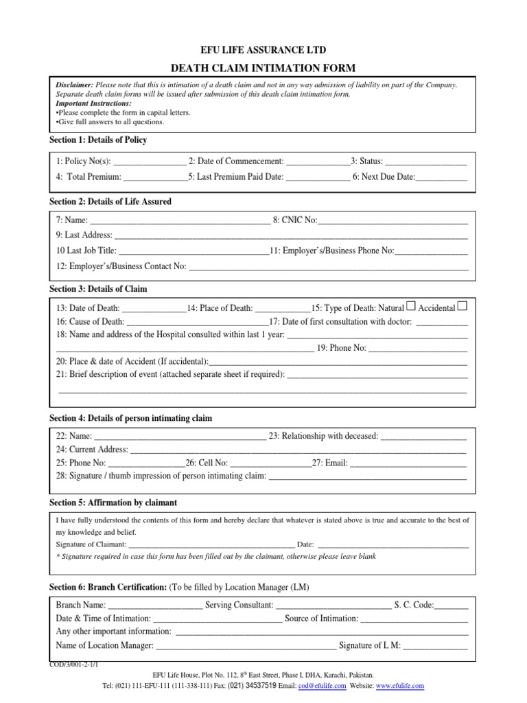 Death Claim Intimation Form PDF