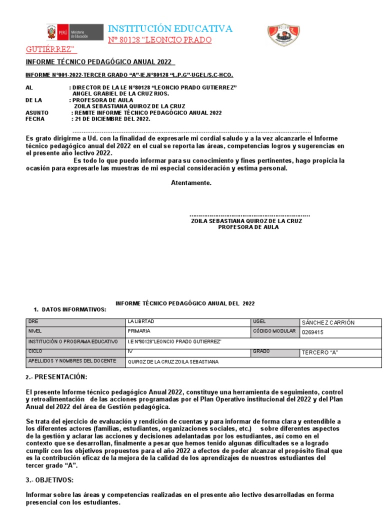 Informe Técnico Pedagógico Anual 2022 - Zoila 3° A | PDF | Amor | Jesús