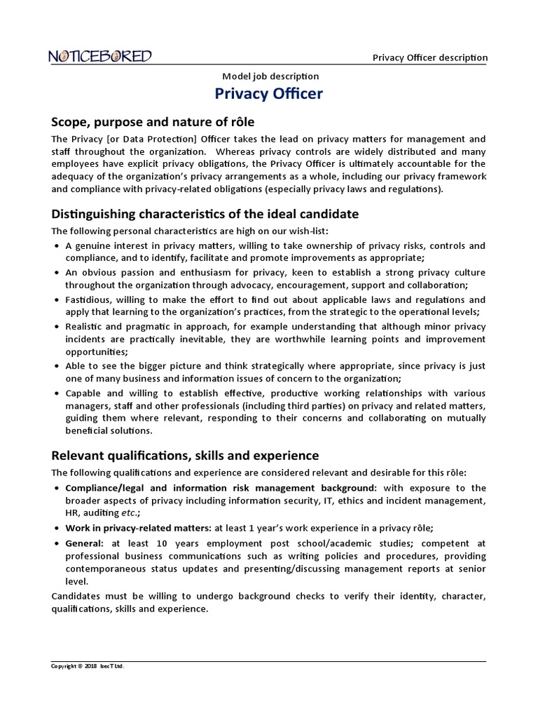 NB Model Job Description For Privacy Officer PDF Privacy