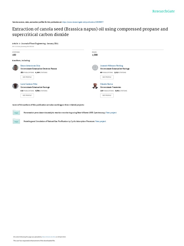 Extraction of Canola Seed (Brassica Napus) Oil Using Compressed Propane
