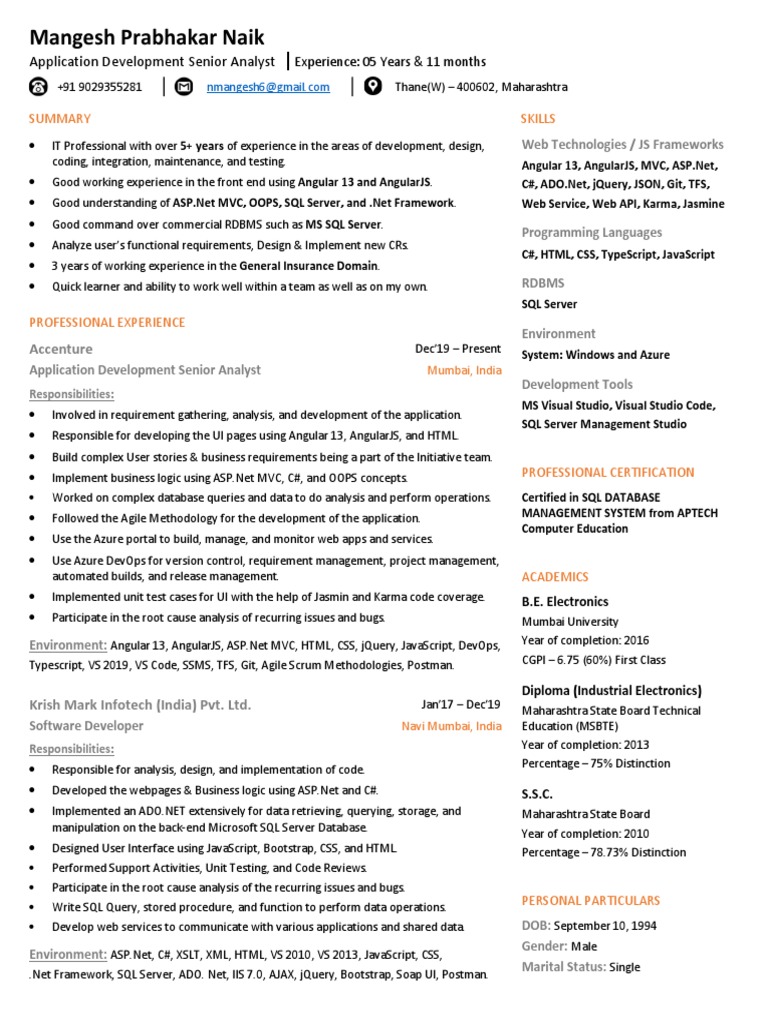 Application Developer Resume | PDF | Angular Js | Microsoft Sql Server