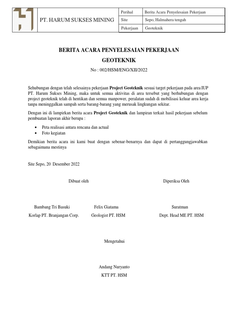 Berita Acara Penyelesaian Pekerjaan | PDF