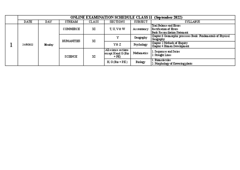Online Examination Schedule 202223 Class 11 September 2022 PDF