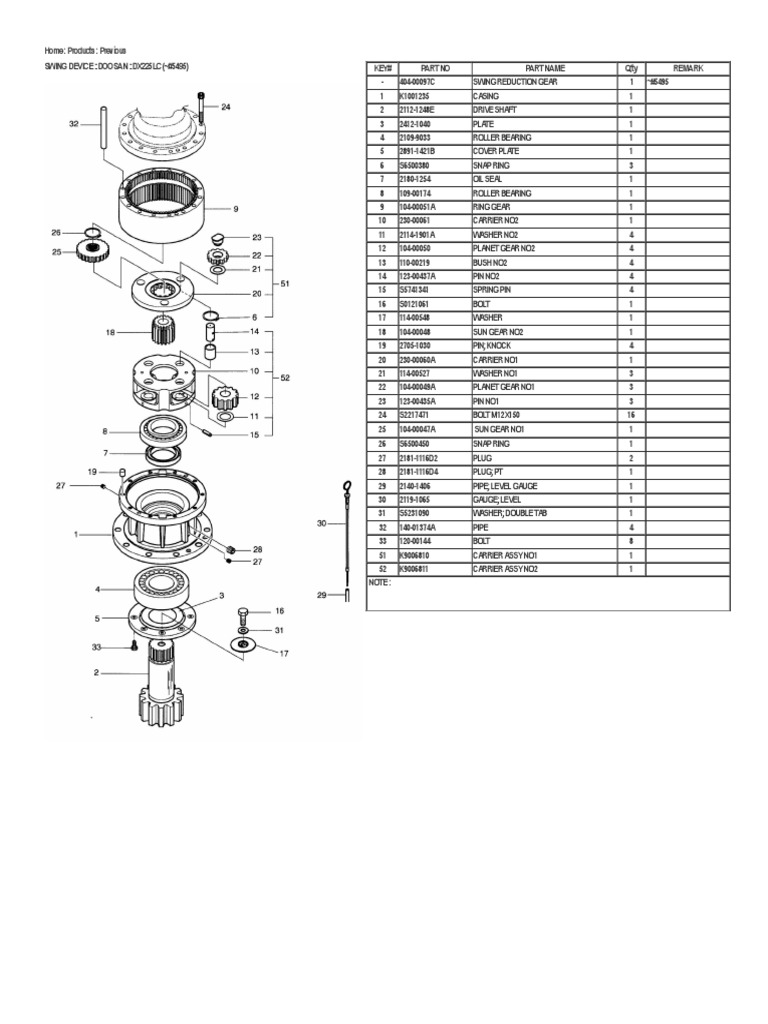Doosan DX225LC Swing Device Parts List | PDF | Tools | Equipment