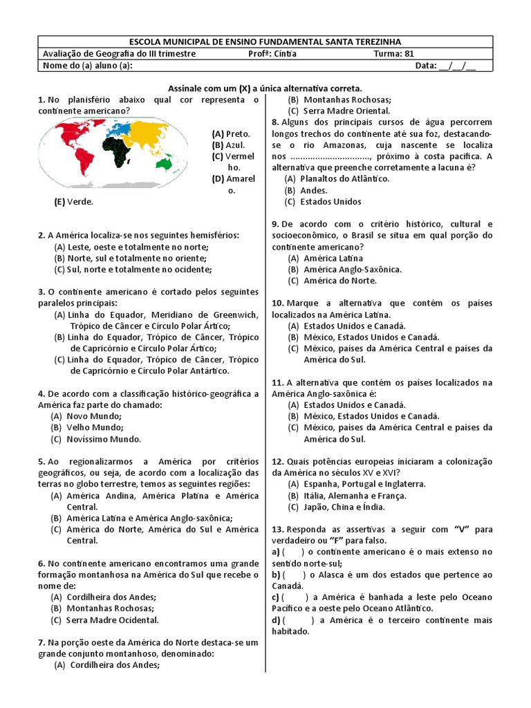 Avaliação de Geografia 8° Ano | PDF | Américas | América do Sul