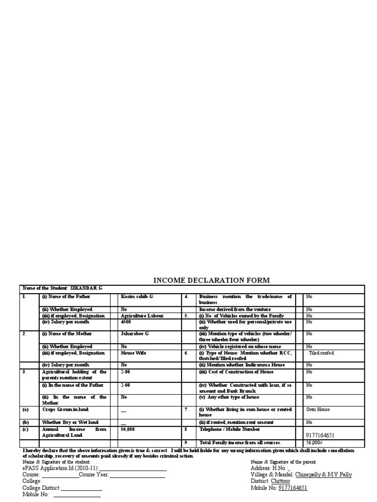 Income Declaration Form Details | PDF