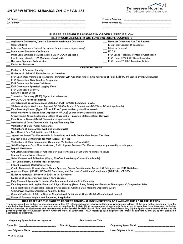 0549 Underwriting Submission Checklist GR Choice Fill PDF Fha