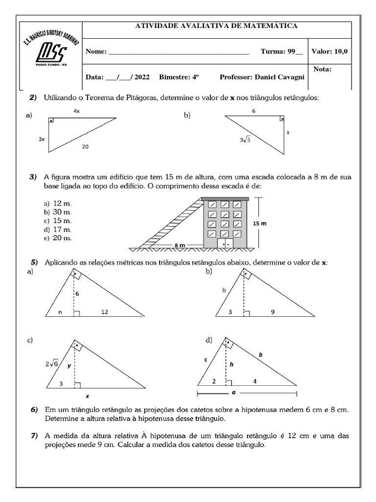 Atividade Avaliativa Teorema de Pitágoras e Relações Métricas Nos ...