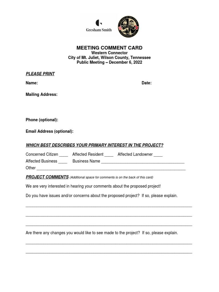 Western Connector Comment Card PDF Collecting Public Services