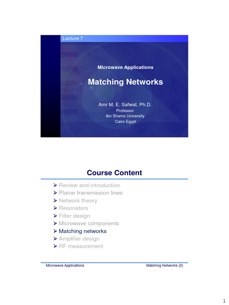 Lect 7 Matching Network PDF Transmission Line Electronic Engineering