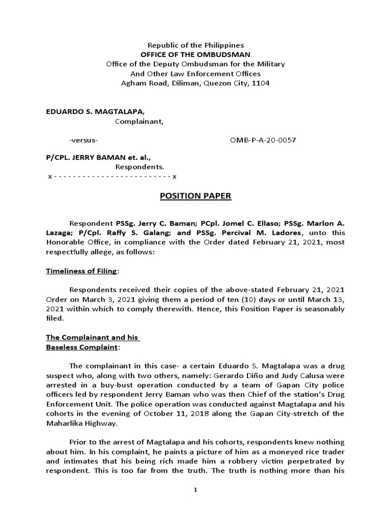 Position Paper on Drug Arrest Case | PDF | Prosecutor | Burden Of Proof ...