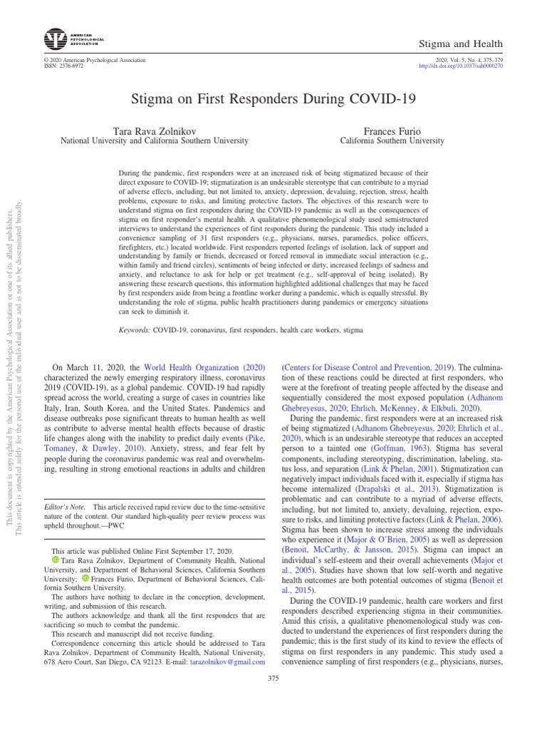 Stigma On First Responders During COVID19 Tara Rava Zolnikov Frances