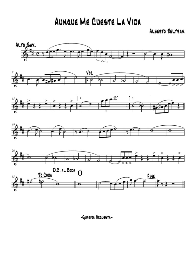 Aunque Me Cueste La Vida - Alto Sax | PDF