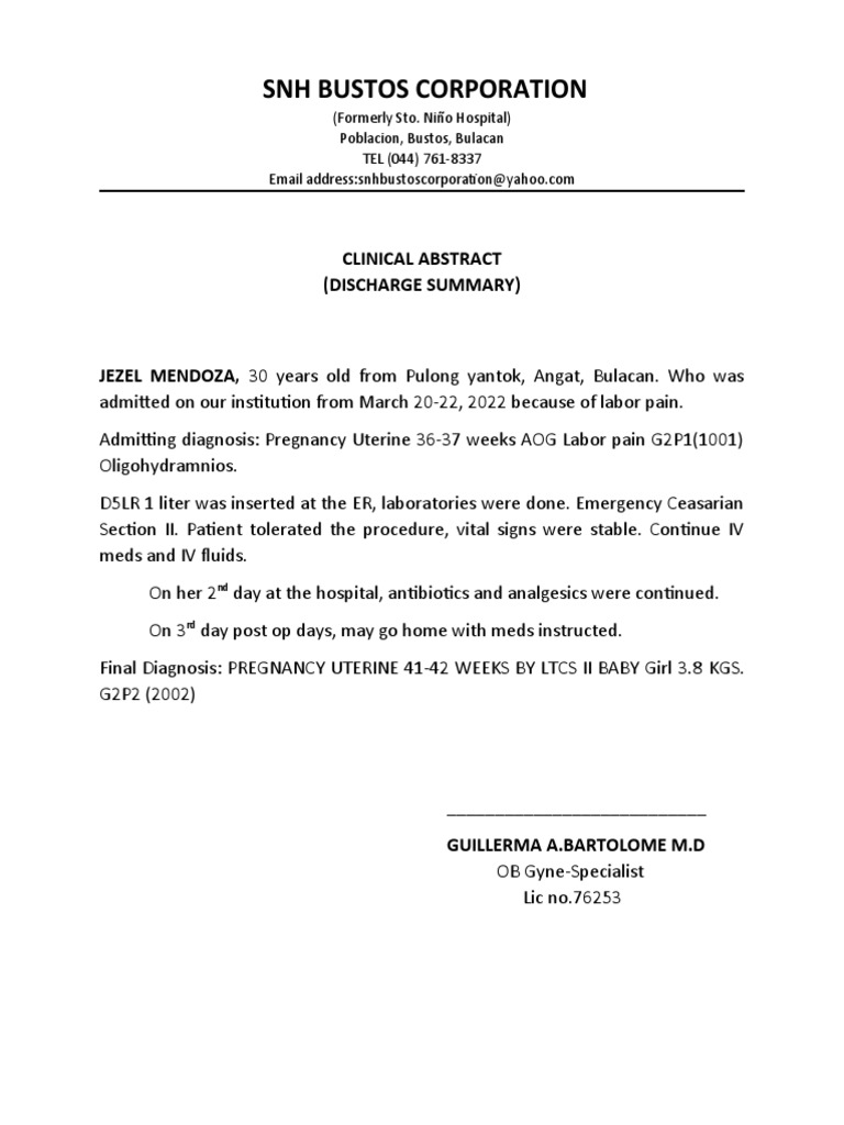 Discharge Summary: C-Section for Jezel Mendoza | PDF