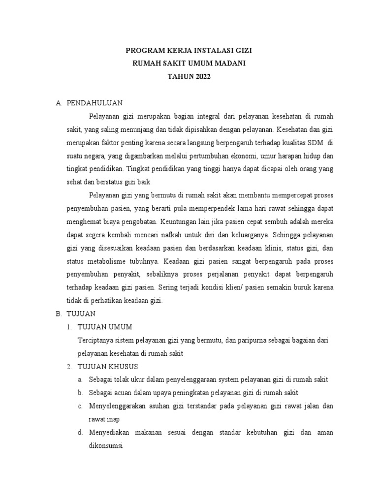 Program Kerja Gizi RSU Madani 2022 | PDF