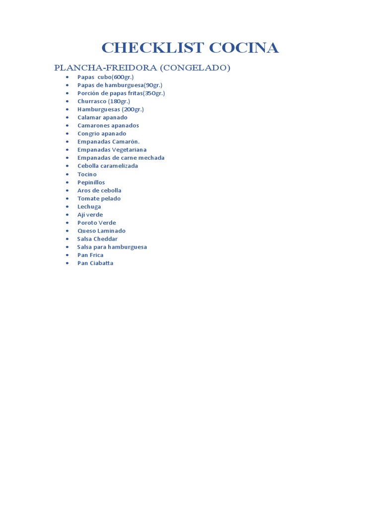 Checklist Cocina | PDF | Hamburguesas | Alimentos