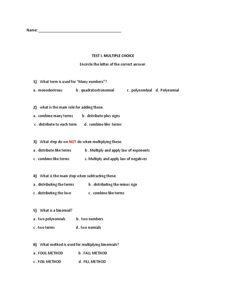 Math Test Sample G9 PDF Polynomial Algebra