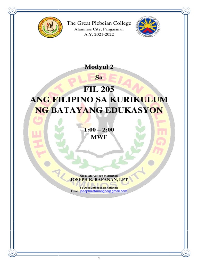 Midterm - Fil 205 Ang Filipino Sa Kurikulum NG Batayang Edukasyon | PDF