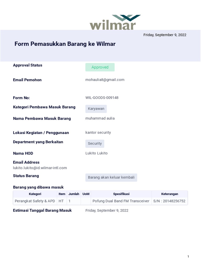 Form Pemasukkan Barang Ke Wilmar: Approval Status | PDF