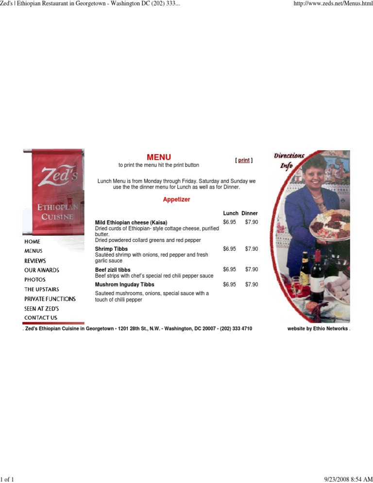 Zed's Ethiopian Restaurant Menu DC | PDF | Cooking, Food & Wine