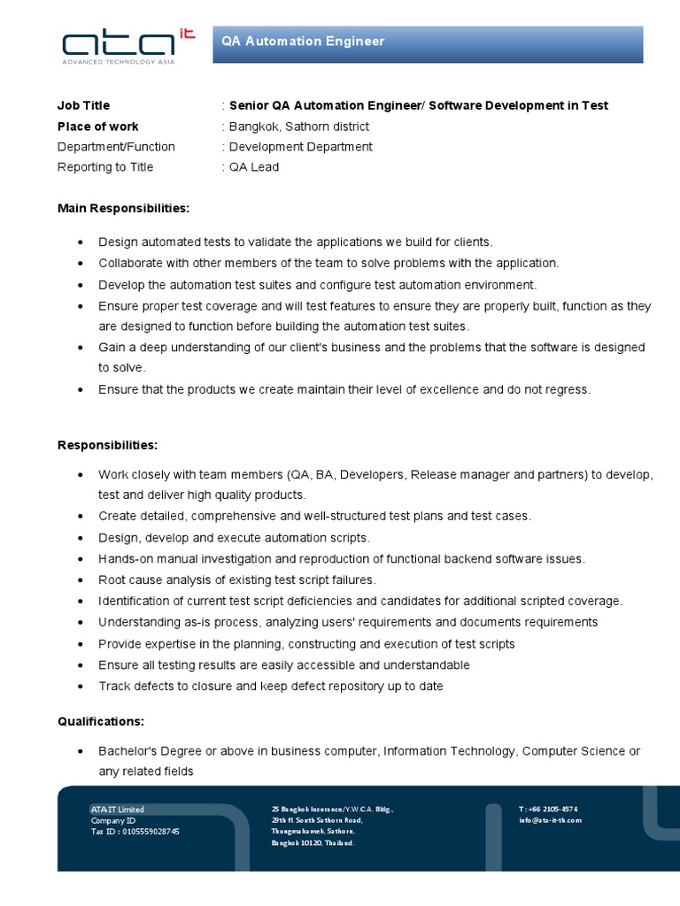 ATA IT JD - Senior QA Engineer (Software Development in Test) | PDF ...