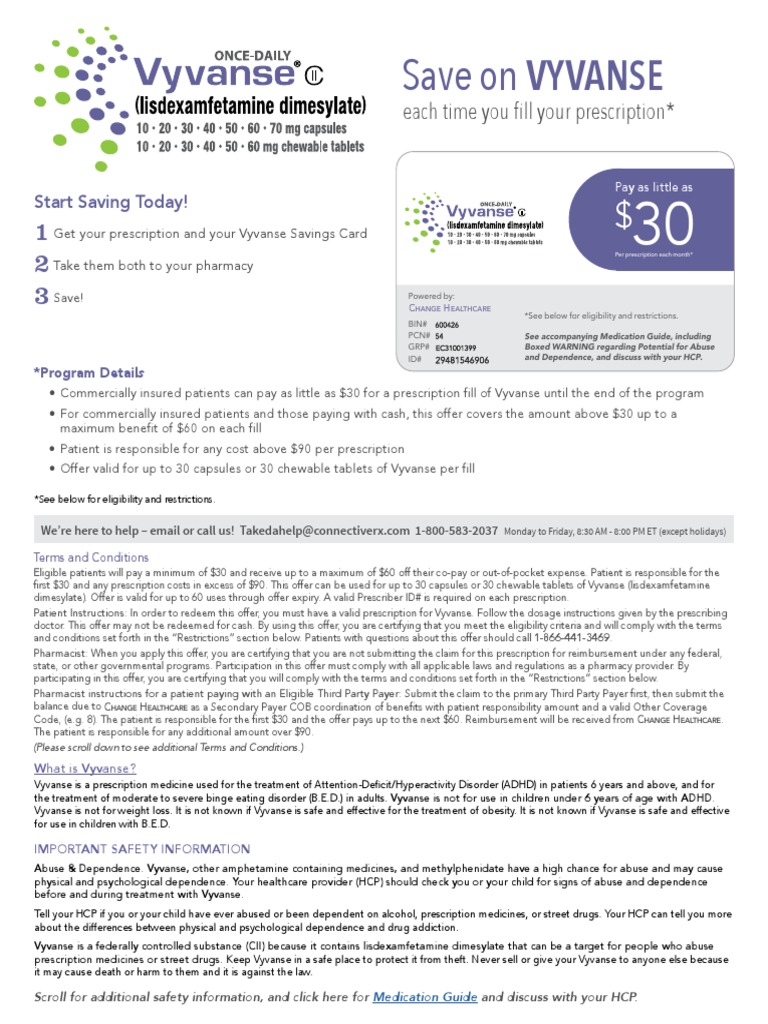 Vyvanse Savings Card PDF Prescription Drugs Medicine