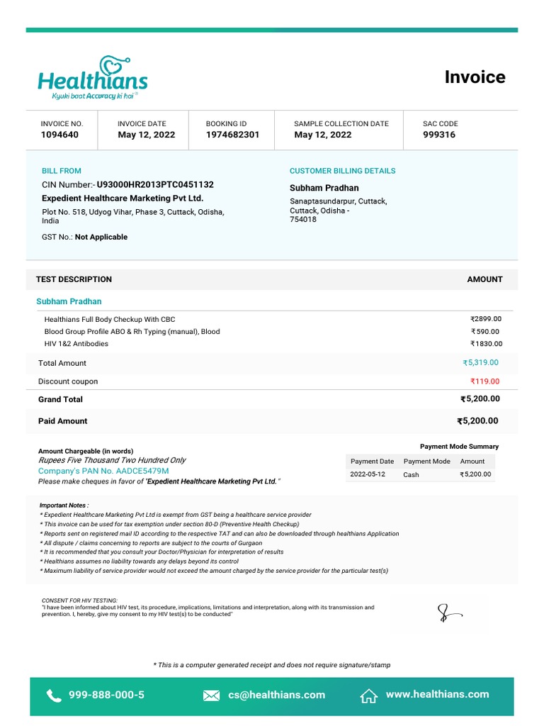 Invoice for Health Checkup Services | PDF | Invoice | Receipt