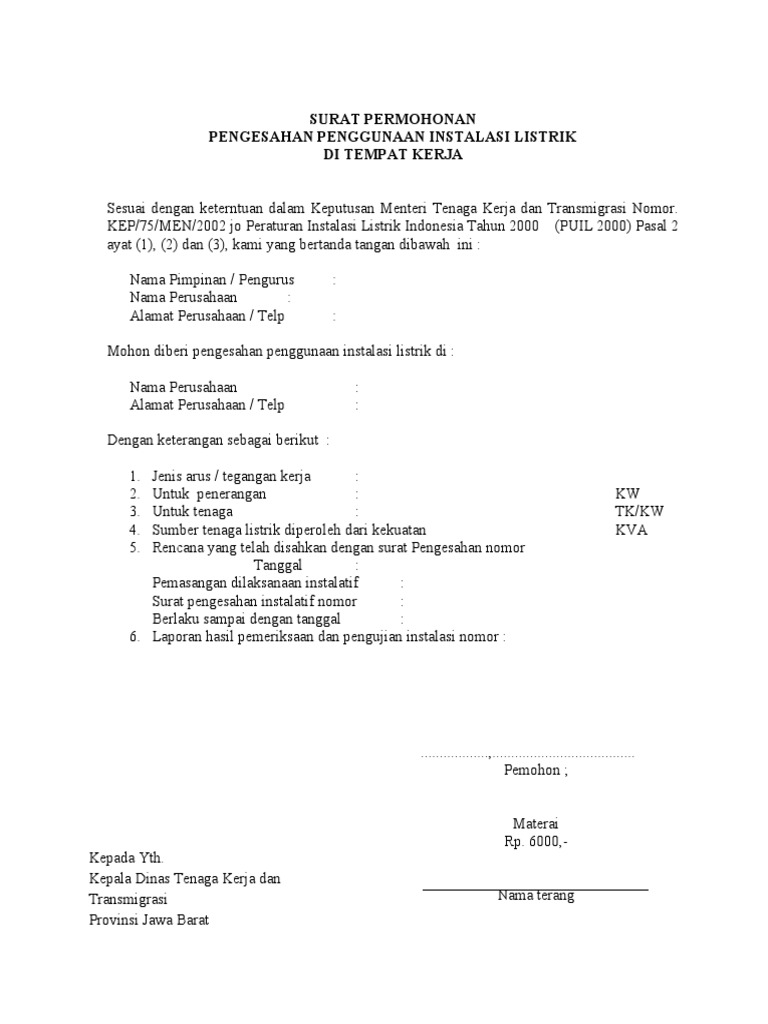 Surat Permohonan Instalasi Listrik | PDF