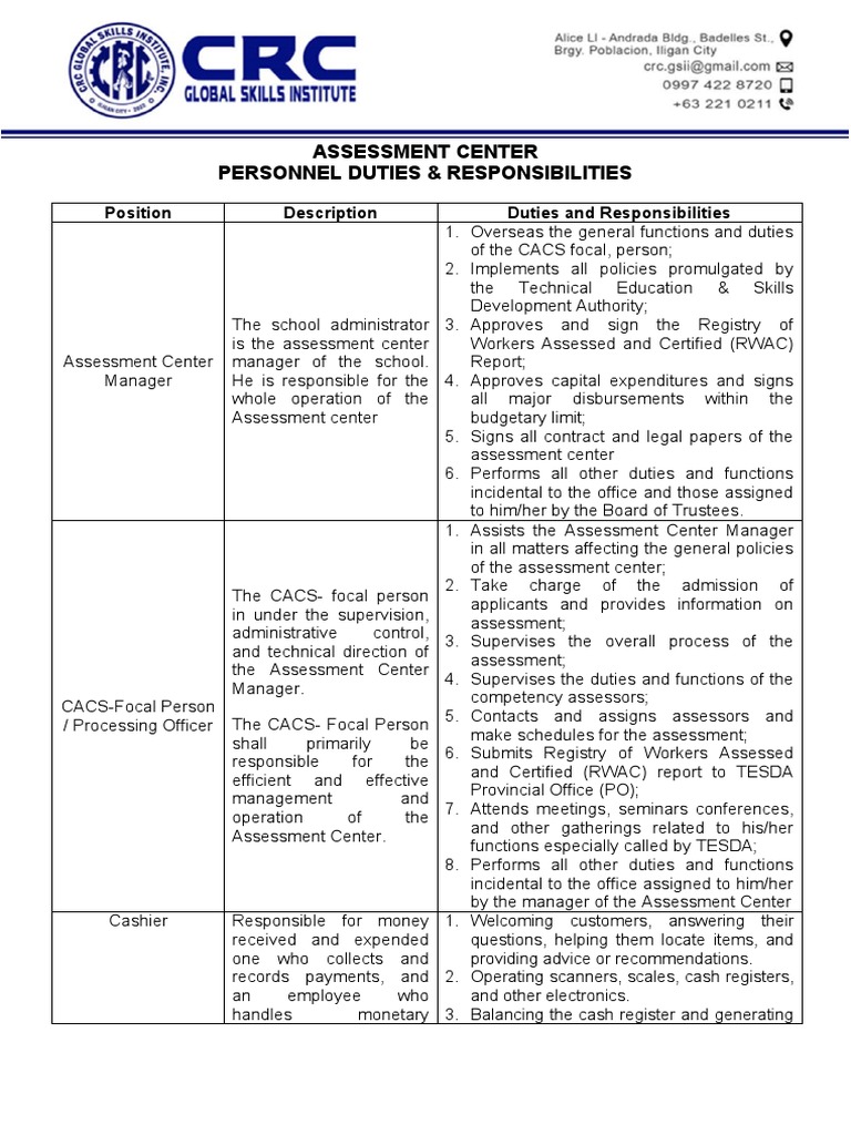 Assessment Center Manager Duties | PDF | Economies | Business
