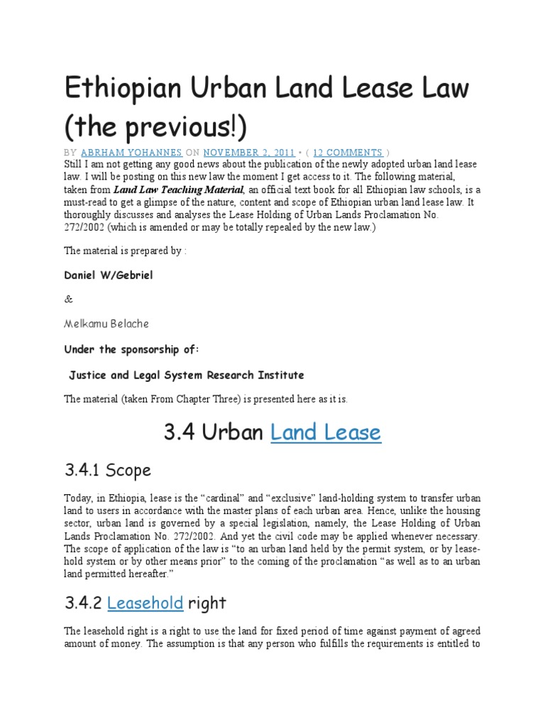 Ethiopian Urban Land Lease Law PDF Lease Leasehold Estate