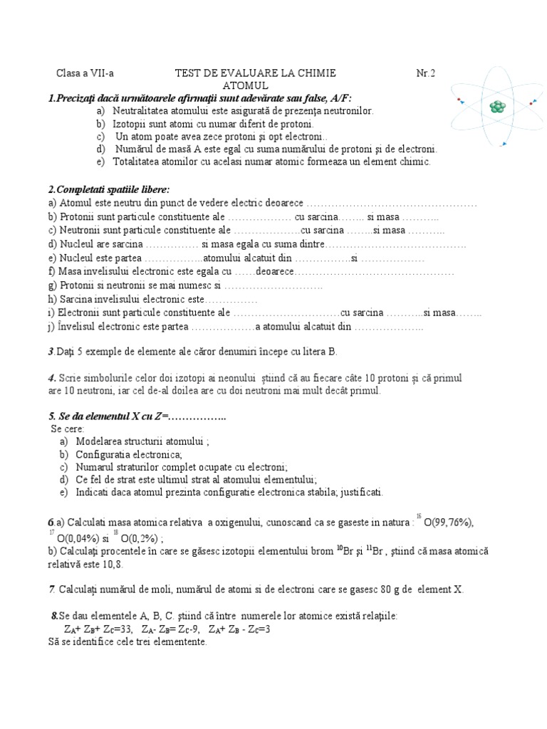 Test de Evaluare - Atomul 7 B | PDF