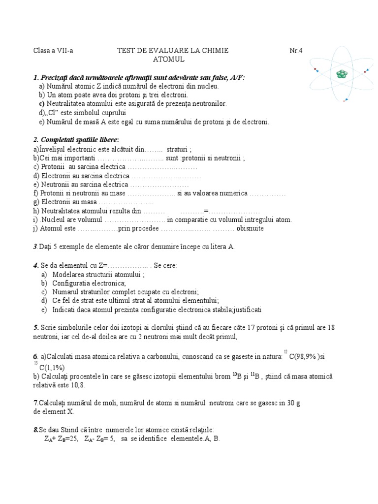 Test de Evaluare - Atomul 7 D | PDF
