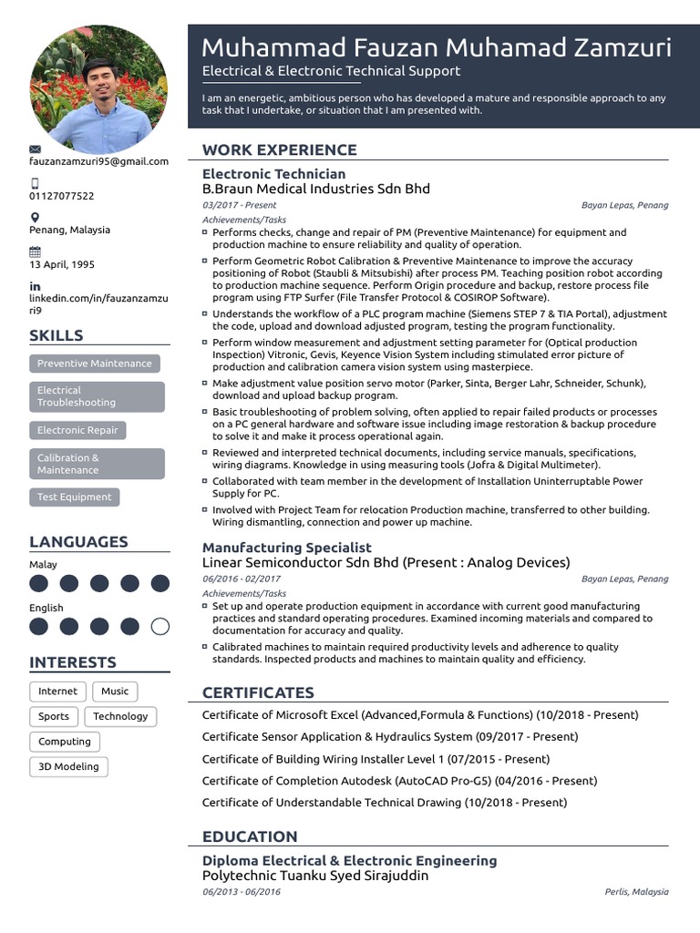 An Energetic and Ambitious Electrical & Electronic Technical Support