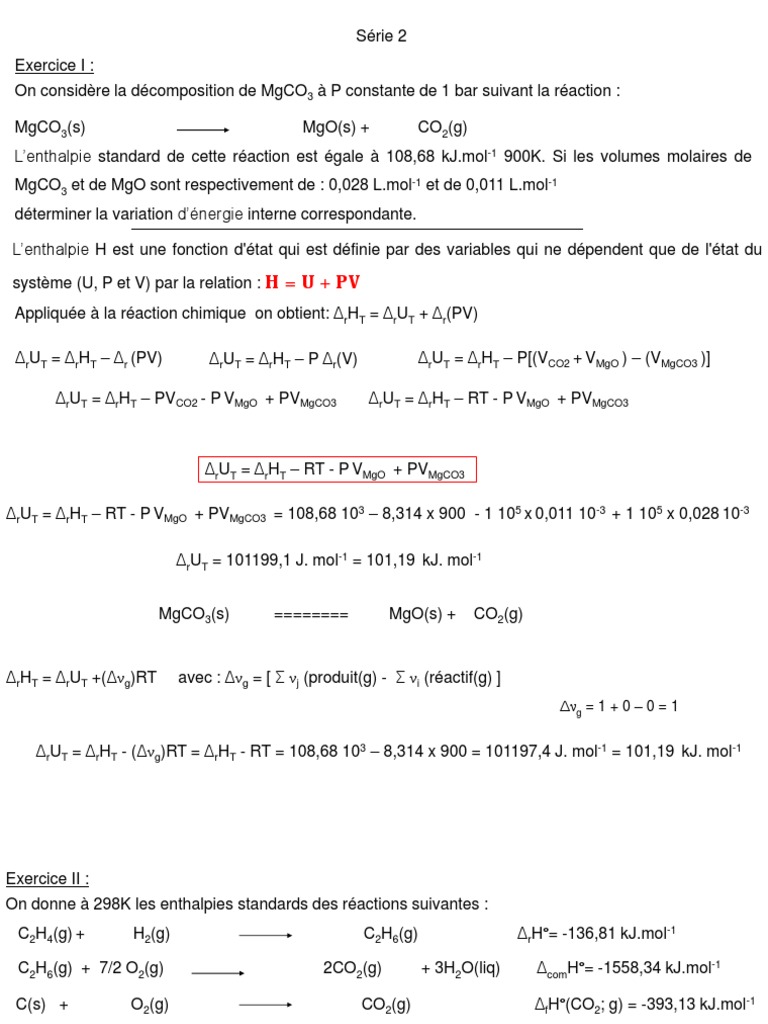 Enthalpie et énergie interne des réactions | PDF | Réactions chimiques ...