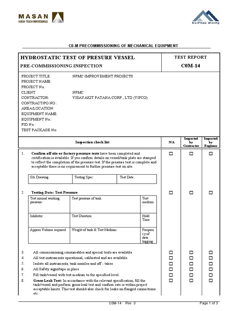 Hydrostatic Test Procedure for Vessels | PDF | Mechanical Engineering ...