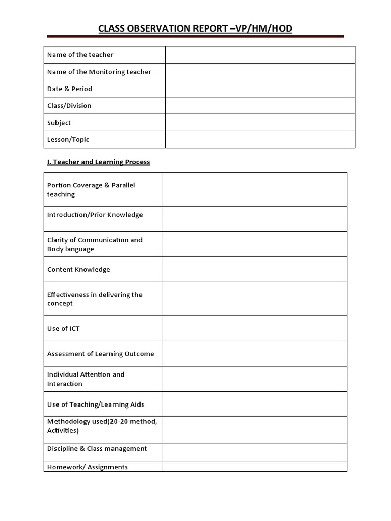 Class Observation Report Vphmhod Pdf
