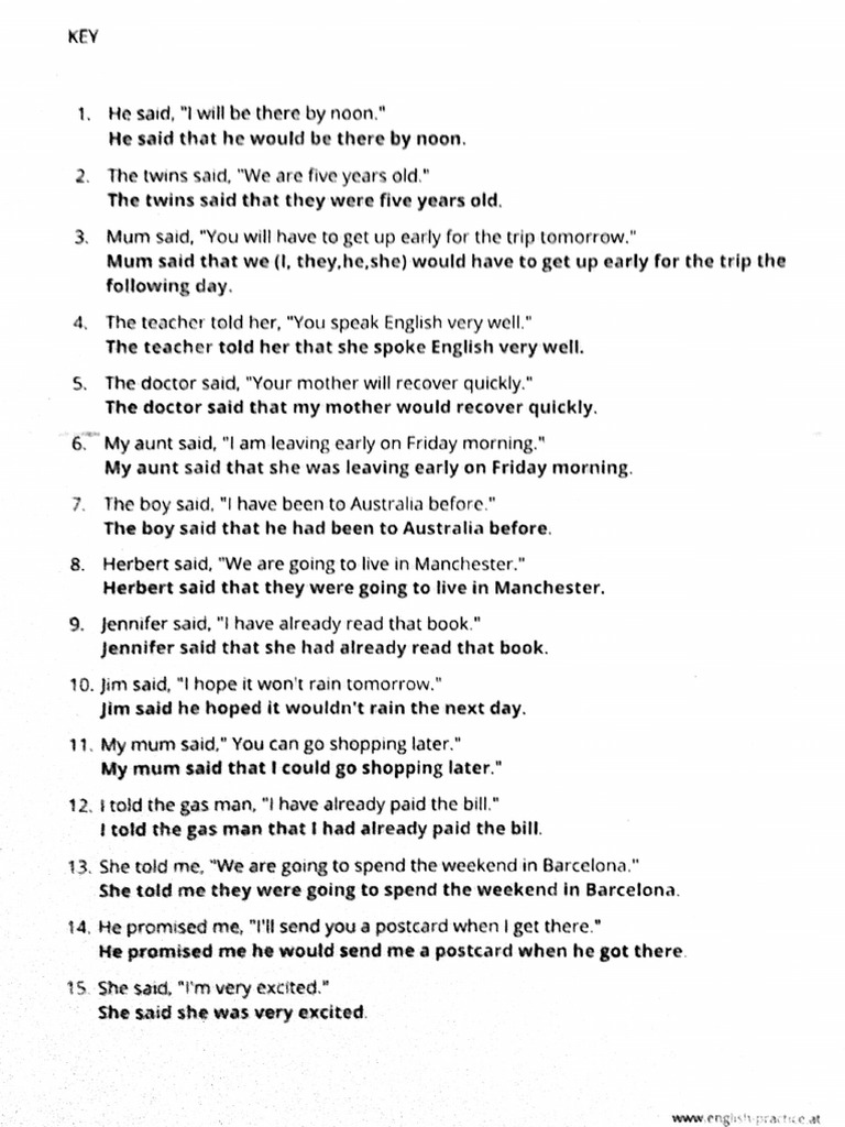 Reported Speech Exercise 1 Key | PDF