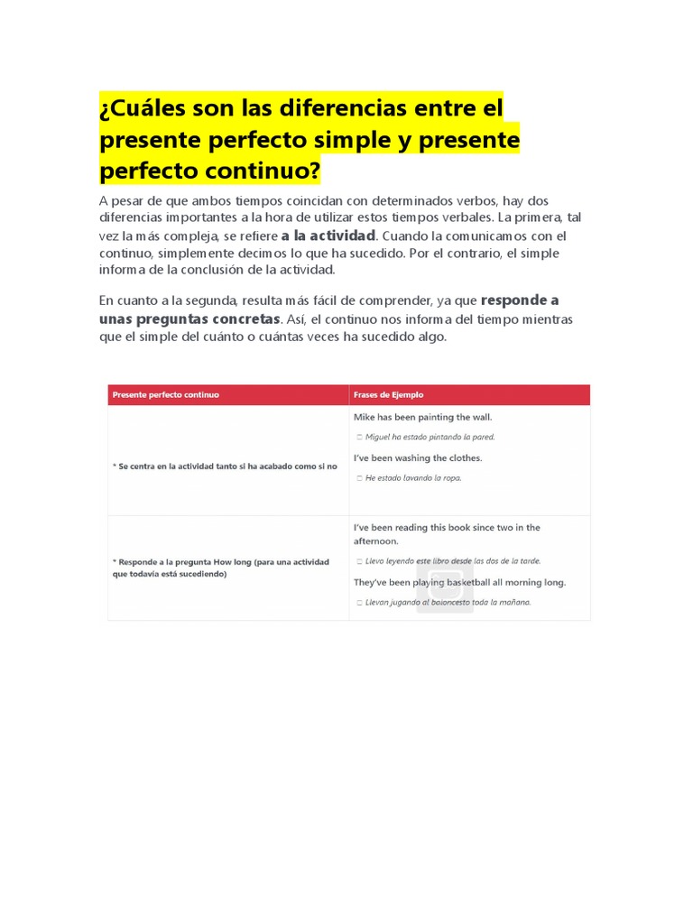 Diferencias entre presente perfecto simple y continuo | PDF
