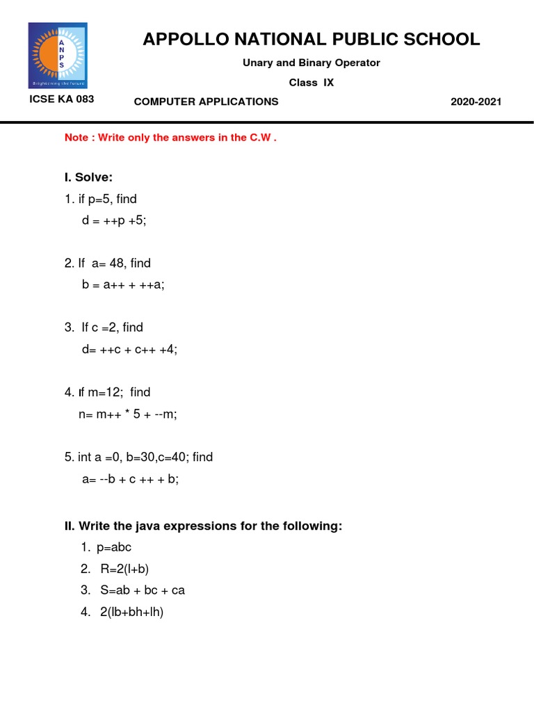 STD 9 Questions On Unary and Binary Operator (Computer Applications) | PDF