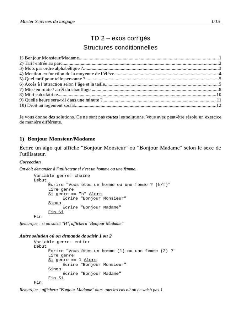 Exercices corrigés sur les algorithmes | PDF