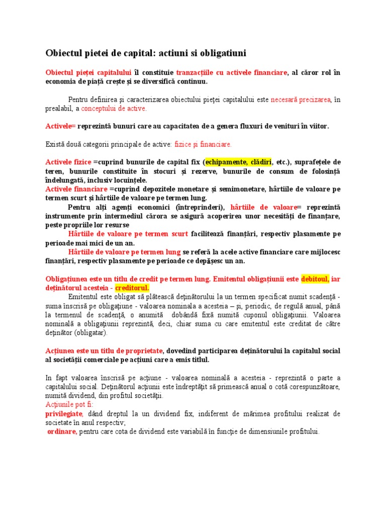 Obiectul Pietei de Capital Actiuni Si Obligatiuni PDF