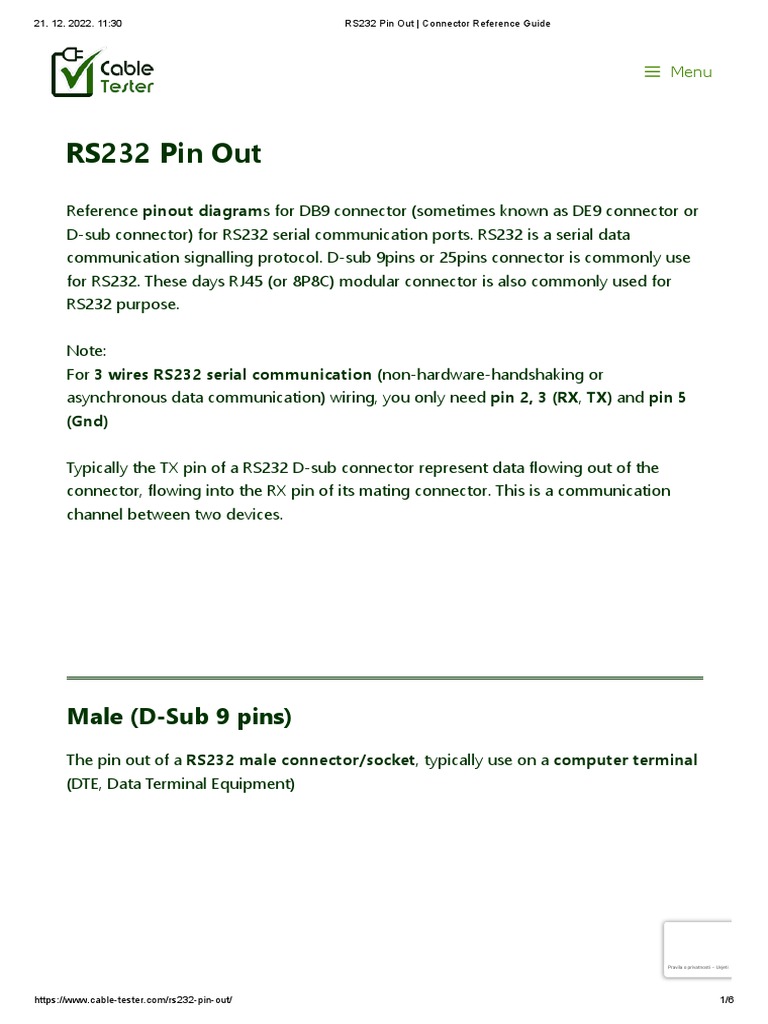 RS232 Pin Out Connector Reference Guide PDF Electrical Connector